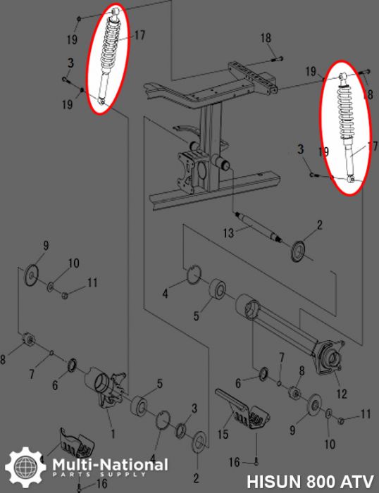 Shock - 480mm, 10mm Spring, Adjustable, Hisun, Rear, 800cc - SHK5081 - PBC3206F1