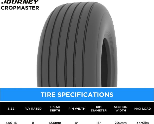 Tire - Journey CropMaster Agricultural, 7.50-16, 8 Ply, Tubeless - 40AG7516-1 - PBC3960EF1