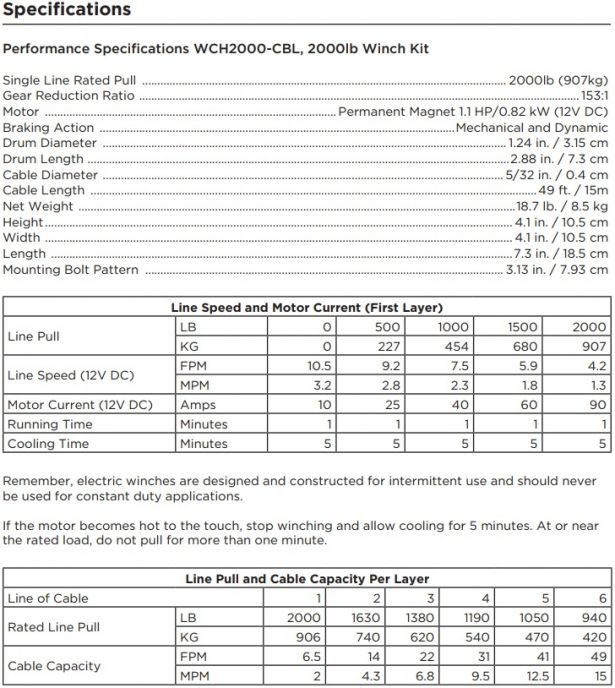 Winch - MNPS 2000 lb 12 Volt (820W / 1.1HP) Cabled Switch - PBC000-CBLF1
