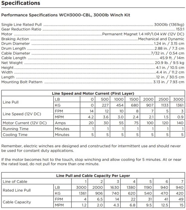 Winch - MNPS 3000 lb 12 Volt (1000W / 1.4HP) Cabled Switch - PBC000-CBLF1