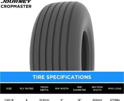 Tire - Journey CropMaster Agricultural, 7.50-16, 8 Ply, Tubeless - 40AG7516-1 - PBC3960EF1